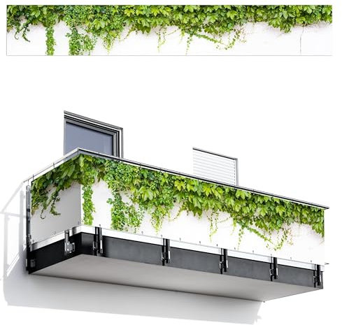 MuchoWow© Balkon Sichtschutz Einseitig 80x500 cm Groß Terrassen Gartenzaun Balkonfächer ohne Bohren Wetterfest für Zaun Terrasse Balkonbespannung Seitenschutz Pflanzen - Weiß - Steinoptik - Grün