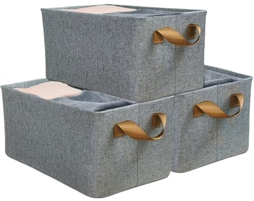 Fabric Storage Boxes, 3 pack Collapsible Storage Baskets for Shelves, 31×20×16 cm, Wardrobe Storage Organiser with Metal Frame, Foldable Cube Storage Unit Boxes for Clothes, Toys, Books,(Grey,Small)