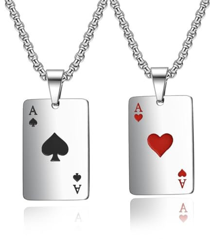 QOMJUFA 2 Stück Herren Halskette Herren Geschenk für Männer Halsschmuck mit Poker Ace of Hearts Pik Glücklich Anhänger für Herren Geschenk