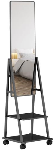 HOMCOM Specchio Verticale con 2 Ripiani Contenitori e 4 Rotelle, Specchio da Terra in Acciaio e Truciolato, 42x37x155 cm, Nero