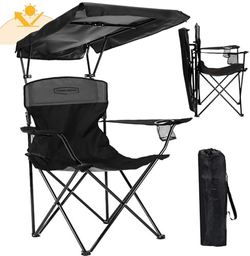 YOUNG WOOD Camping Chair with Canopy, Beach Chair with Shade,Portable,Lightweight Oversized for All, Easy to Open and Close Without Installation, Side Pocket Design for All Outdoor Activities，Black