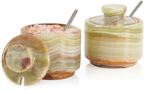 MARBLOUS KRAFTS Saltkällare i marmor 7,6 cm saltbehållare i sten för alla hjärtans dagpresenter, perfekt set med 2 kaffeförvaringsbehållare köksbänk, godisburkar med lock och skedar (Green)