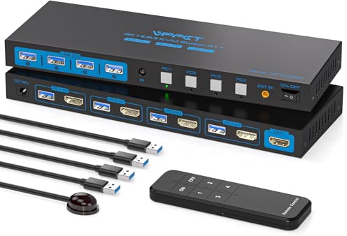 HDMI KVM Switch 4 Computers 1 Monitor 4K@60HZ 4 Port KVM Switches for 4 PC Share Single Monitor and 4 USB 3.0 Devices, Such as Keyboard Mouse Printer, with Controller, Plug and Play
