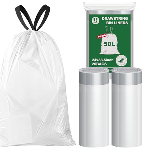 Yolaist 50L Bin Bags - 20 Count 30μm White Drawstring Liners No Perforation