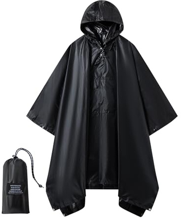 Rian c0de731 Hooded Rain Poncho for Adults - Waterproof Rain Coat and Lightweight Jacket 3-in-1 Multi-Function with Pockets, Black
