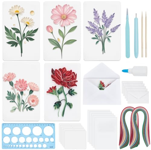 WEBEEDY 20 Sets DIY Flower Paper Quilling Kits 5 Styles Rose,Daisy Greeting Cards Making Kit with Instruction for Adult Beginner Handmade Bouquet Greeting Cards for Wedding Birthday Christmas Holiday