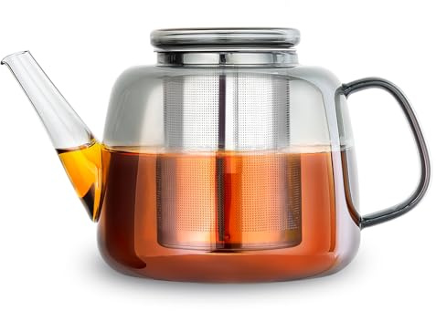 Théière en verre borosilicaté Easyworkz 1500 ml avec grand infuseur amovible en acier inoxydable pour thé en vrac, herbes et infusions, gris fumé