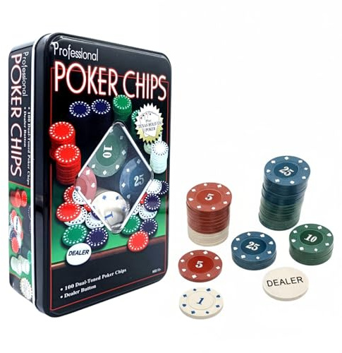 Shop SoftAir Juego de póquer profesional, 100 fichas en caja metálica, para Texas Hold'em y Blackjack, 19,5 x 12 x 5 cm, con botón distribuidor