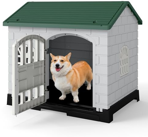 Casa para Perros Plegable de Plástico, Refugio para Mascotas Resistente a la Intemperie con Bandeja de Inodoro, Puerta con Cerradura, Techo Inclinado, Jaula de Interior Exterior para Gatos