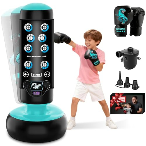 NZQXJXZ Sac de Boxe Enfants, 160 cm Kit de Boxe Gonflable avec Gants de Boxe, Sac de Boxe sur Pied avec Affichage du Score, Tapis Lumineux et Musical pour s'entraîner au karaté, au Taekwondo