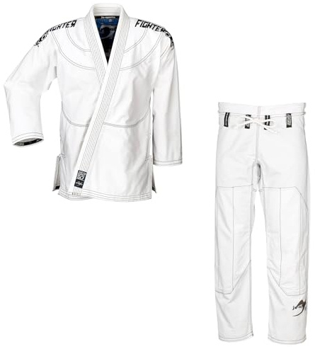Ju-Sports Ju-Jutsu Anzug Fighter 2.0 RipStop Weiß A5 I Superleichter Jujutsu Anzug mit BJJ Schnitt, kontrastierenden Nähten & edlen Stickverzierungen I 100% Baumwolle