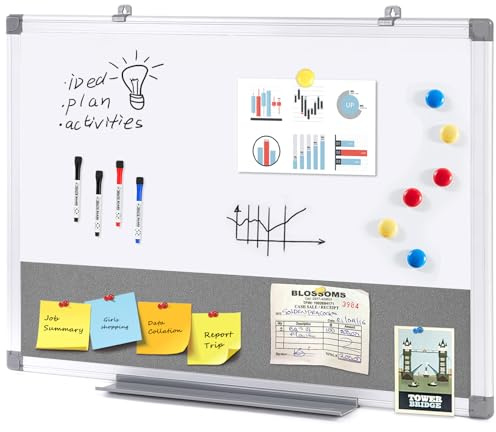 Swansea Magnetic Whiteboard 2 in 1 Combo Gray Pin Noticeboard with Dry Erase Marker + 6 Pushpins, 60x45cm