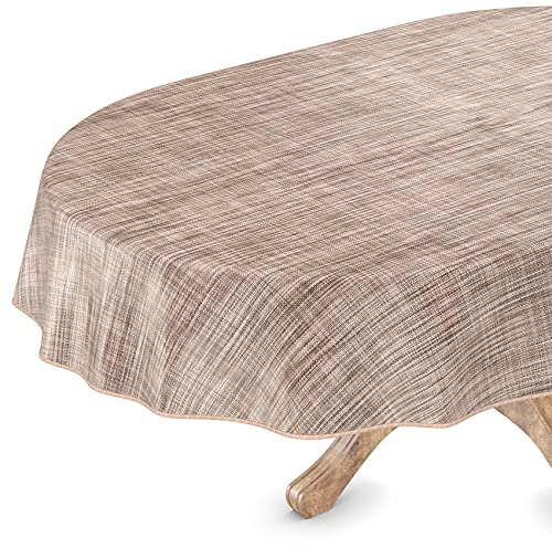 ANRO Tischdecke abwaschbar Wachstuch Wachstuchtischdecke Gartentischdecke Leinen-Optik Pflegeleicht Wasserabweisend 200 x 140 cm (Oval) Braun mit Saum