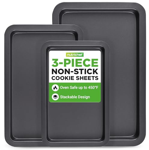 NutriChef 3-Piece Nonstick Baking Sheet Set – Non-Toxic Cookie Sheets for Everyday Baking – Small, Medium & Large Oven Safe Bakeware Trays – Warp-Resistant, Easy to Clean & Dishwasher Safe