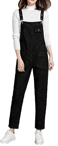 Jamron Donna Taglie Forti Salopette in Denim Stretch Lungo Overall Tuta Intera Jumpsuit Pantaloni Jeans con Pettorina Nero L