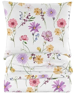 Cotton Market Bettwäsche 135x200 cm - Bettwäsche Baumwoll-Mikrofaser - Bettwäsche-Sets 2 Teilig - Bettbezug 135x200 cm und 1 Kissenbezug 70x80 cm - Weiß und Rosa, Feldblumen