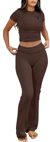 ANRABESS Lounge Sets for Women 2 Piece Foldover Yoga Flare Leggings Pants Crop Tops Casual Y2K Outfits Matching Tracksuit Set Brown Medium