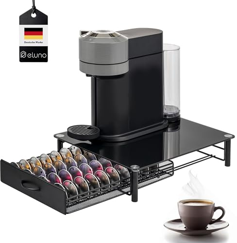 eluno Kapselhalter für 40x Nespresso Vertuo, Schubladenbox, Glas-Maschinenständer Metall und Glasplatte, Kaffeekapselbox, Kapselspender ca. 33,5 x 9 x 41 cm (B/H/T) (schwarz)