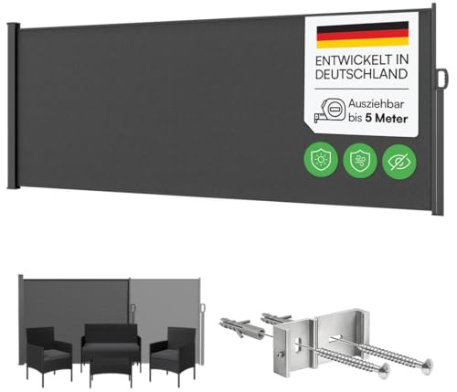 STEELSØN Zirella Seitenmarkise 200x500cm – Windschutz ausziehbar in Anthrazit – Markise wetterfest – Sichtschutz – Seitenrollo mit Wandhalterung – Sonnenschutz Blickdicht – Wandmarkise aus Aluminium