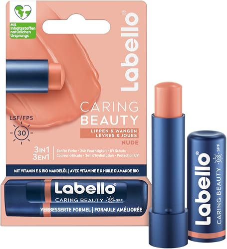 Labello Caring Beauty Nude Lippenpflegestift mit Farbe und Sonnenschutz, farbige Lippenpflege mit LSF 30, Vitamin E & Bio-Mandelöl, Lippenbalsam für Lippen & Wangen (4,8 g)