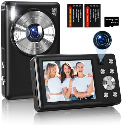 Digitalkamera 4K 64MP Autofokus Kamera Fotokamera Kompakte Vlogging Kamera mit Dual-Objektiv, 2,8 Zoll Bildschirm, 16X Digitalzoom, 2 Batterien für Kinder, Jugendliche, Anfänger Schwarz