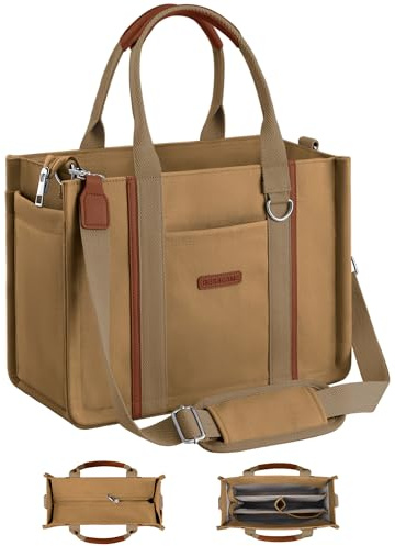 BESBESME Canvas Tote Bag for Women with Zipper & Compartments – Large Multi-Pocket Work Laptop College Tote Purse, Crossbody Shoulder Bag for Teacher, Nurse, Bible Study, Travel Brown L