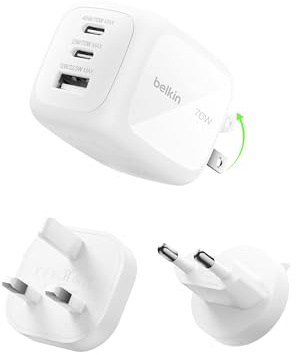 Belkin 3-Port USB-C Plug 70W, Multi-Port GaN Wall Charger with 2x USB-C & 1x USB A Ports, UK and US Plug Tips, Fast Charging for MacBook, iPhone 16, iPad, Samsung Galaxy S25, Google Pixel, etc - White