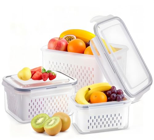 Set of 3 Fruit Storage Containers for Fridge with Removable Colanders, Fresh Food Storage Containers with Lids Airtight, Leakproof Fridge Organizer Bins for Salad Fruit Vegetables Meat Keeper Fresh
