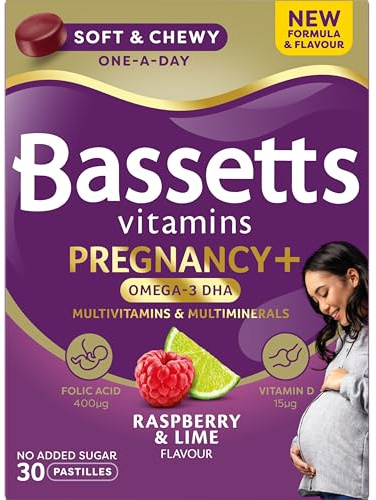 Bassetts Pregnancy+ Multivitamins Raspberry & Lime 30 Gummies | Source of DHA an essential Omega-3 Fatty Acid, Folic Acid 400ug (200% NRV), Vitamin D 15ug (300% NRV) 15ug & Multiminerals