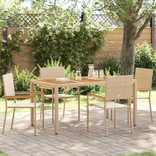 Drainlyn Trädgårdsstaplingsstolar, 4 stycken, gräddvit, brun med akaciaträ, armstöd, 54 x 56 x 90 cm, väderbeständig polyrattan utomhus, balkongstol, platsbesparande för terrass och trädgård för