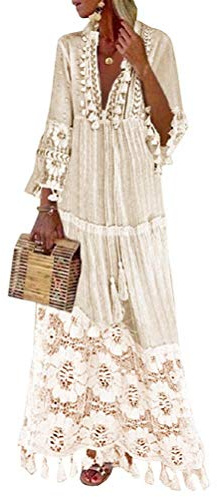 shownicer Vestido Mujer Bohemio Largo Verano Playa Fiesta Cordón Manga Larga Cuello en V Maxi Vestidos de Noche Fiesta Banquete Cóctel