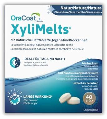 OraCoat XyliMelts - 40 Pastillas Adhesivas para la Boca Seca y Protección Dental - Xilitol Natural - Alivio Nocturno contra la Xerostomía y el Mal Aliento - 40 Uds, Natural