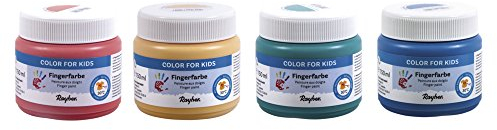 Rayher Fingerfarbe, Set 4 x150 ml, leuchtendes Gelb, Rot, Blau, Grün, dermatologisch getestet, parabenfrei, glutenfrei, laktosefrei, vegan, auswaschbar, Anwendung mit Fingern und Händen, 38961000