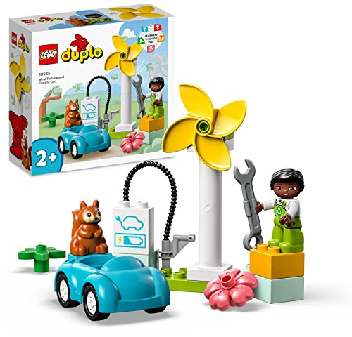 LEGO 10985 Duplo Ma Ville L’Éolienne et la Voiture Électrique, Voiture pour Enfants Dès 2 Ans, Garçons et Filles, Jouets Éducatifs avec Figurines, Jouet Durable