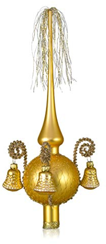 Lauschaer Glas Weihnachtsbaumspitze mit Formglöckchen Gold matt, umsponnen L ca. 28cm d(Kugel) 7cm Christbaumschmuckspitze mundgeblasen,handdekoriert, Leonischer Draht