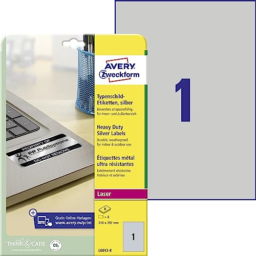 AVERY Zweckform L6013-8 Typenschild Folienetiketten (8 Aufkleber, 210x297mm auf A4, stark selbstklebend, strapazierfähig, wetterfest, bedruckbare Klebefolie, blanko) 8 Blatt, silber