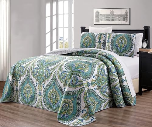 Grand Linen - 3-Piece Oversize (100 X 95) Fine Printed Prewashed Quilt Set Reversible Bedspread Coverlet Full/Queen Size Bed Cover (Turquoise Blue, Grey, White, Sage Green)