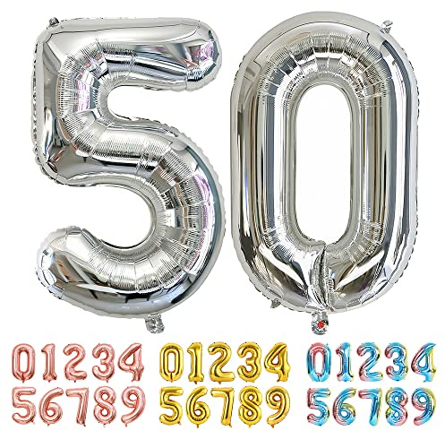 Ponmoo Foil Balloon Number 50 Silver, Giant Numbers 0 1 2 3 4 5 6 7 8 9 10-19 20-29 30-39 40-49 50-60-70-80-90-100, Large Balloons for Wedding Anniversary Birthday Party Decoration