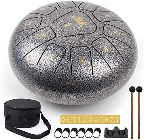 AKLOT Stahlzungentrommel Steel Tongue Drum 10 Zoll 11 Notizen Tanktrommel Pan Drum C Key Schlaginstrument mit Schlegel Hinweis Aufkleber Finger Picks Mallet Bracket und Bag