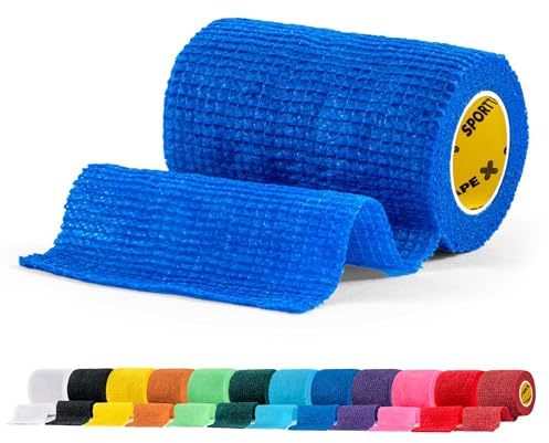 SPORTTAPE Self-Adhesive Cohesive Bandage, 7.5cm x 4.5m, Blue | Compression & Vet Wrap for Dogs, Horses, Sports Stretch Tape for Football, Ankles, Joints, Wrists and Sock Tape - Single Roll