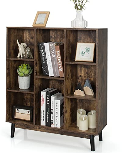 COSTWAY 8 Cube Storage Bookcase, Wooden Freestanding Bookshelf Side Cabinet, Home Living Room Bedroom Hallway Display Rack Cupboard Organiser Unit (80 x 30 x 93cm, Rustic Brown)