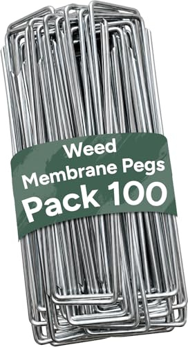Zuvo - Weed Membrane Pegs (100 Pack) - 6 Inch/150mm U-Shaped Garden Stakes for Securing Lawn, Artificial Grass, Matting, and Netting - Galvanized Steel Ground pegs, Silver
