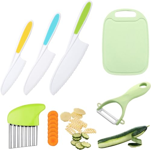 QINGHEC 6 Pièces Kit Couteau Cuisine Enfant, Couteau Montessori, Couteau Enfant qui ne Coupe pas, Kit Couteaux Securite de Cuisine pour Enfants, avec Planche À Découper pour Couper et Cuisiner
