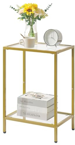 YMYNY Gold Side Table, 2 Tier Sofa End Table, Bedside Tables with Tempered Glass, Coffee Table for Living Room, Bedroom, Home Office, Industrial Style 38×28×56CM HGD002G