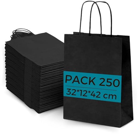 Lot 250 Sacs Papier Kraft Noir avec Anses 32x12x42cm - Sac pour Shopping Cadeaux Mariages