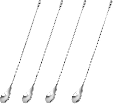 4 Pezzi Cucchiaio per Cocktail, Spiral Mix Spoon, Cucchiaio da Bar Twised in Acciaio Lnossidabile, per Miscelare e Laminare le Bevande (Argento + Lunghezza 30 cm/11,81 pollici)