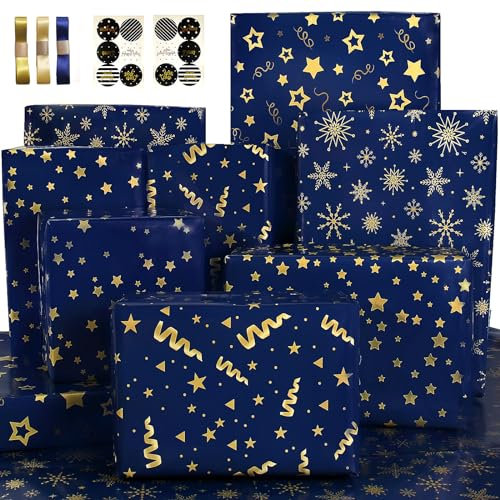 Wrapping Paper with Navy Blue Gold Star Birthday Wrapping Paper Set with Sticker Ribbon,Gift Wrapping Paper Sheets for Men Boys Him Teenager Teen Male,Dark Blue Wrapping Paper Birthday Gift Wrap Set
