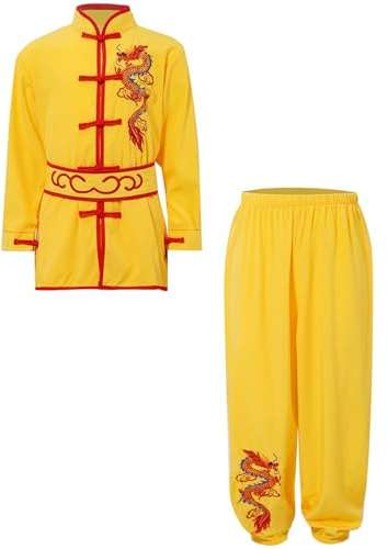 RUNQHUI Unisex barnkläder kampsport traditionell kinesisk kostym uniform Tai Chi Kung Fu Shaolin 3–16 år, Gult, 11-12 ans