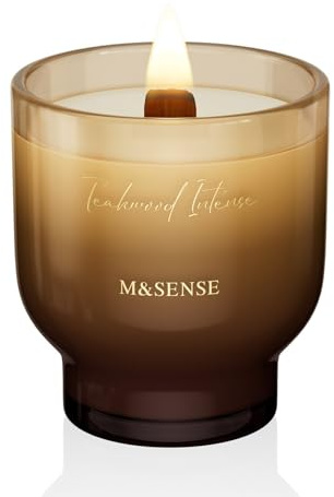 M&SENSE Doftljus teak intensivt | sprakande ljus med träveke | 280 g 60 timmar lång brinnande sojavax doftljus i glas | lyx ljus gåva för män och kvinnor