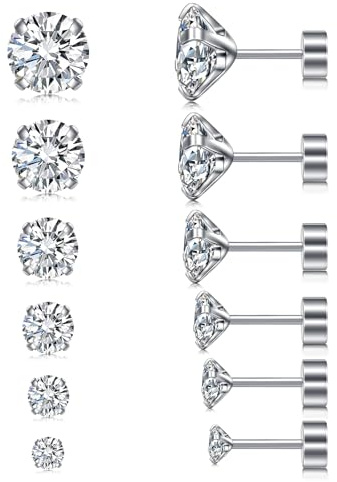 LAURITAMI 6 pièces Set Boucles d'oreilles 3-8mm Zirconium Inséré Clous d'Oreilles Argent,20G Acier Chirurgical piercing helix tragus Médicaux Cartilage Boucles d'Oreilles pour Femmes et Hommes